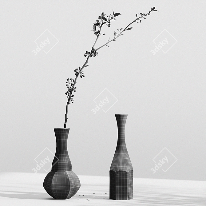 Elegant Aluminum Vases with Cherry Branch 3D model image 5