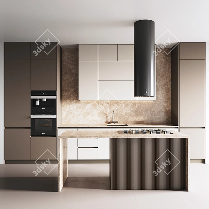 Modern Kitchen Set with Gas Hob, Oven, Coffee Machine, Sink & Hood 3D model image 1