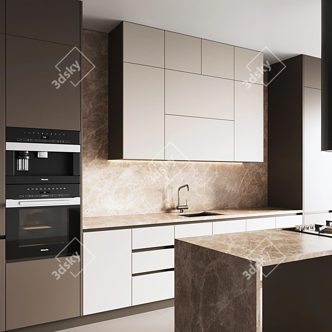 Modern Kitchen Set with Gas Hob, Oven, Coffee Machine, Sink & Hood 3D model image 2