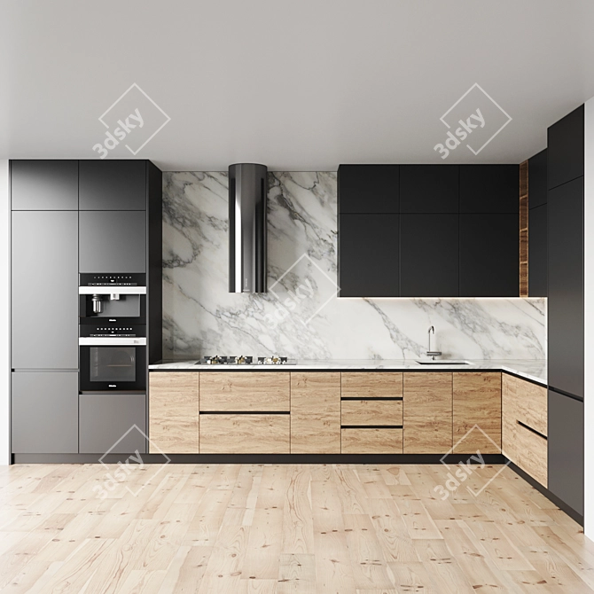 Modern Kitchen Set - Gas Hob, Oven, Coffee Machine, Sink & Hood 3D model image 1