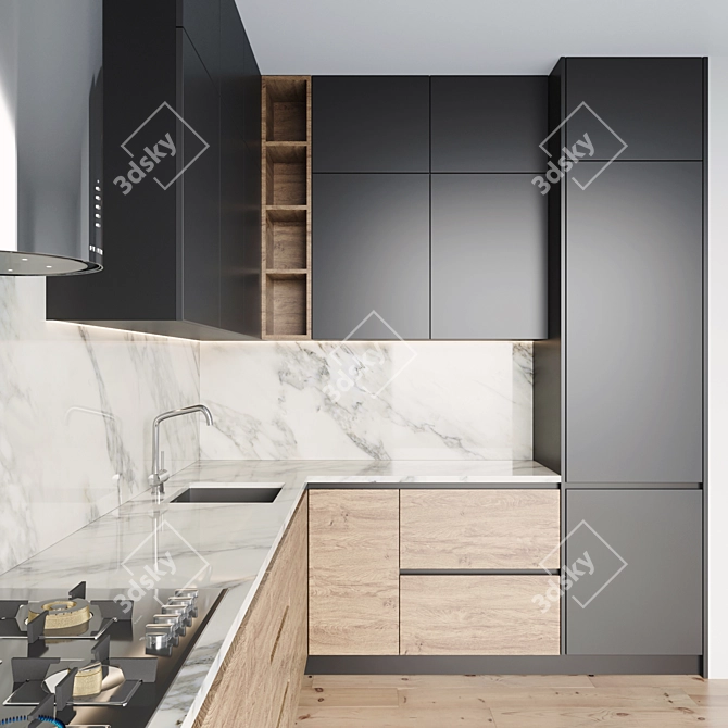 Modern Kitchen Set - Gas Hob, Oven, Coffee Machine, Sink & Hood 3D model image 4