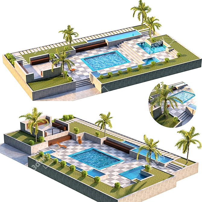 Exquisite Backyard Oasis: Pool, Palm Trees & Sun Chair 3D model image 1