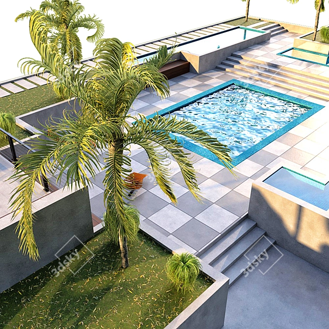 Exquisite Backyard Oasis: Pool, Palm Trees & Sun Chair 3D model image 3