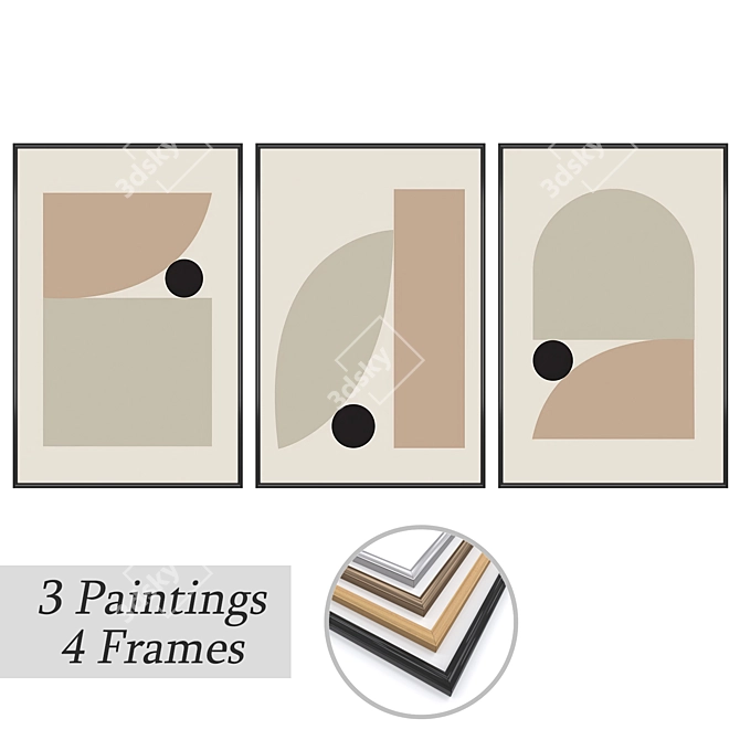 Artistic Trio: Wall Paintings + Frame Set 3D model image 1