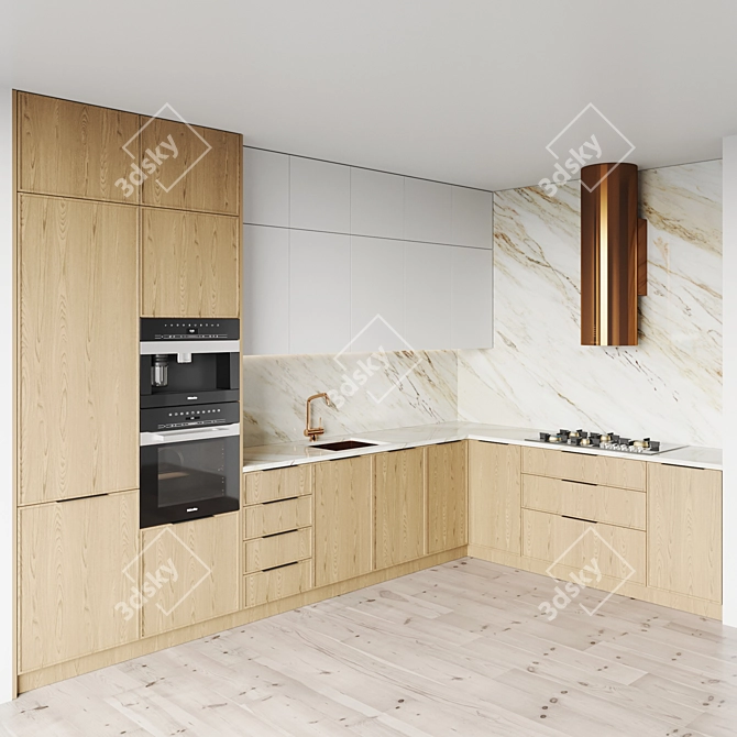 Modern Kitchen Set: Gas Hob, Oven, Coffee Machine, Sink & Hood 3D model image 1