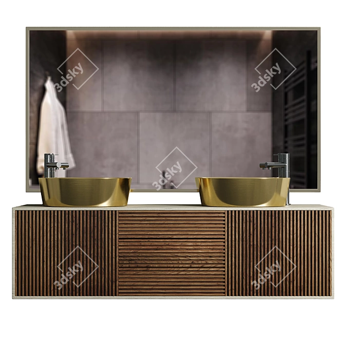 Golden Sink with Wooden Bathroom Furniture 3D model image 1