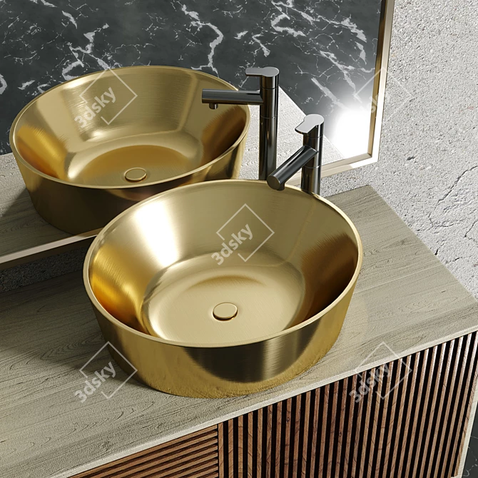 Golden Sink with Wooden Bathroom Furniture 3D model image 4