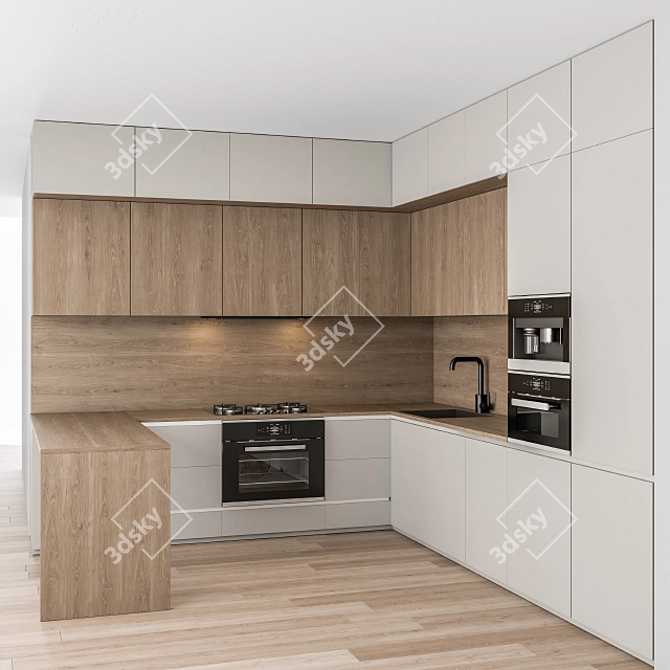 Sleek White & Wood 51: Modern Kitchen 3D model image 1