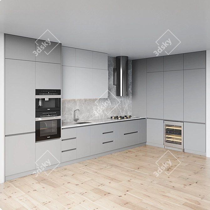 Modern Kitchen Set: Gas Hob, Oven, Coffee Machine, Wine Fridge, Sink & Hood 3D model image 2