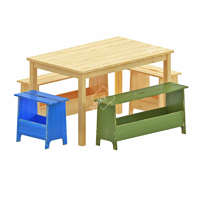 IKEA Pine Table & Storage Bench 3D model image 1