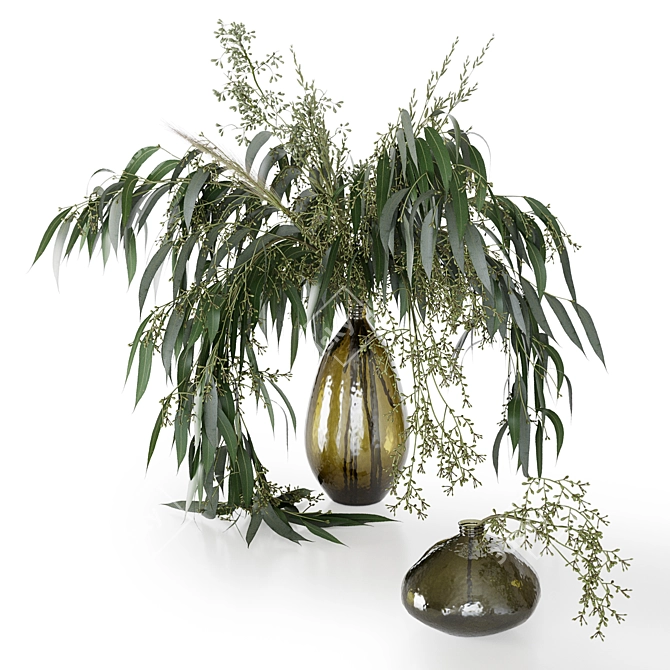 Green Elegance Bouquet: Glass Vases, Grass, and Eucalyptus 3D model image 4
