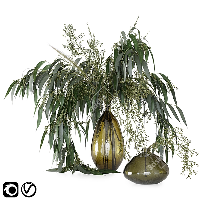 Green Elegance Bouquet: Glass Vases, Grass, and Eucalyptus 3D model image 6
