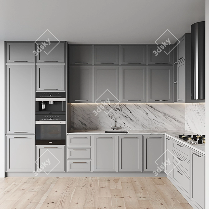 Modern Kitchen Set with Gas Hob, Oven, Coffee Machine, Sink, and Hood 3D model image 2