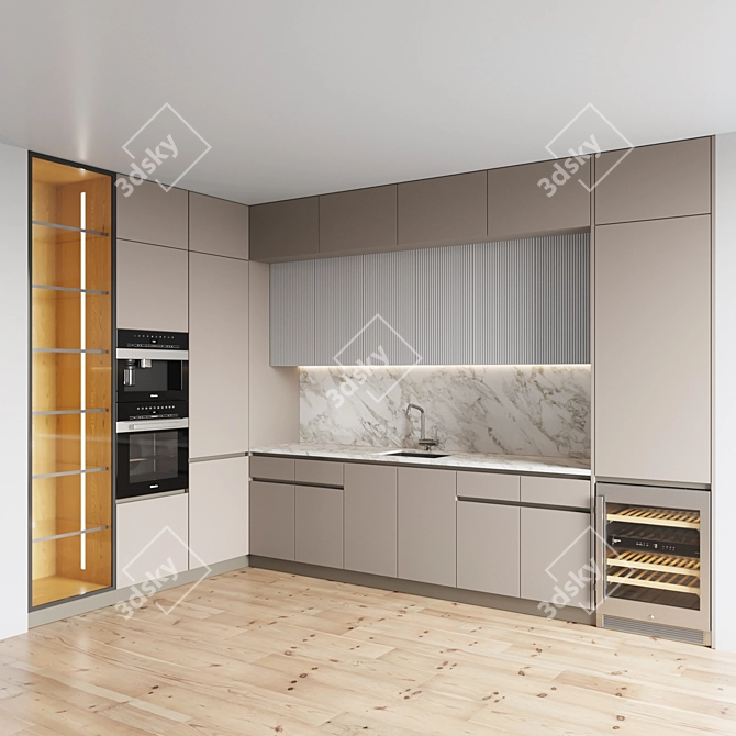 Modern Kitchen Set: Gas Hob, Oven, Coffee Machine, Wine Fridge, Sink, Hood 3D model image 3