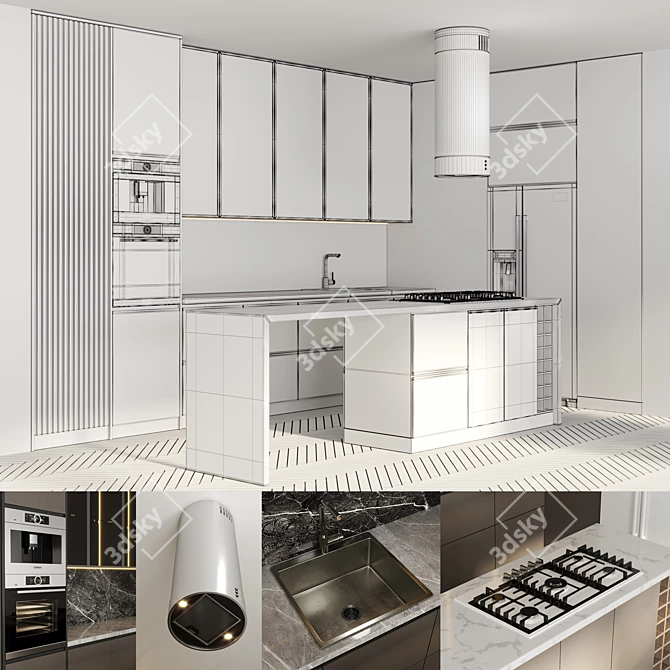 Modern White Kitchen with Island Stove 3D model image 6