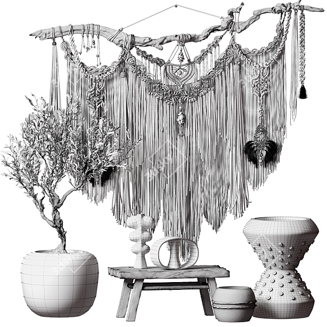 Boho Macrame Decor Set with Hanging Panno & Tree 3D model image 7