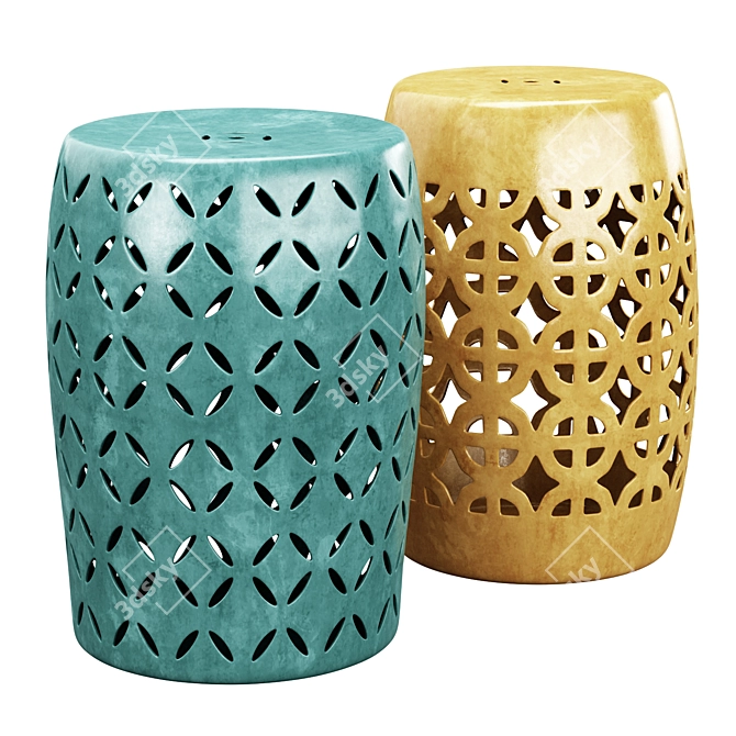 Emerald & Mustard Ceramic Garden Stool 3D model image 1