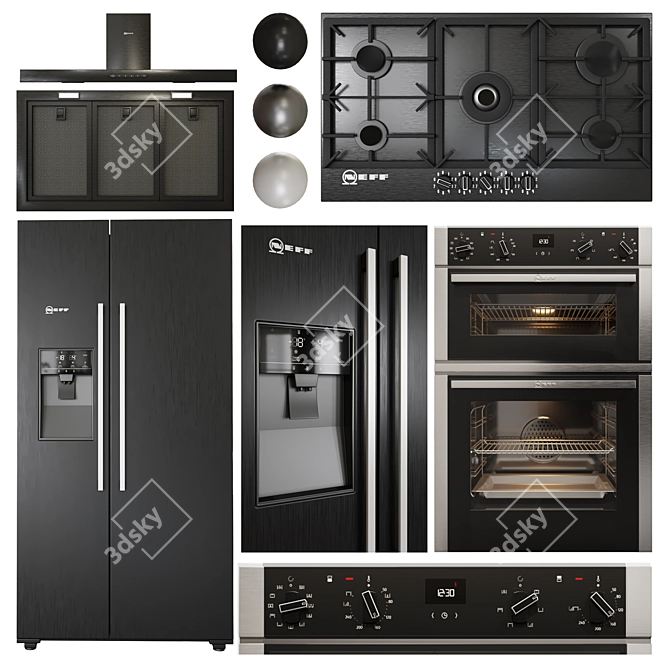 Premium NEFF Appliance Collection: Double Oven, Gas Hob, Hood, Fridge. 3D model image 1