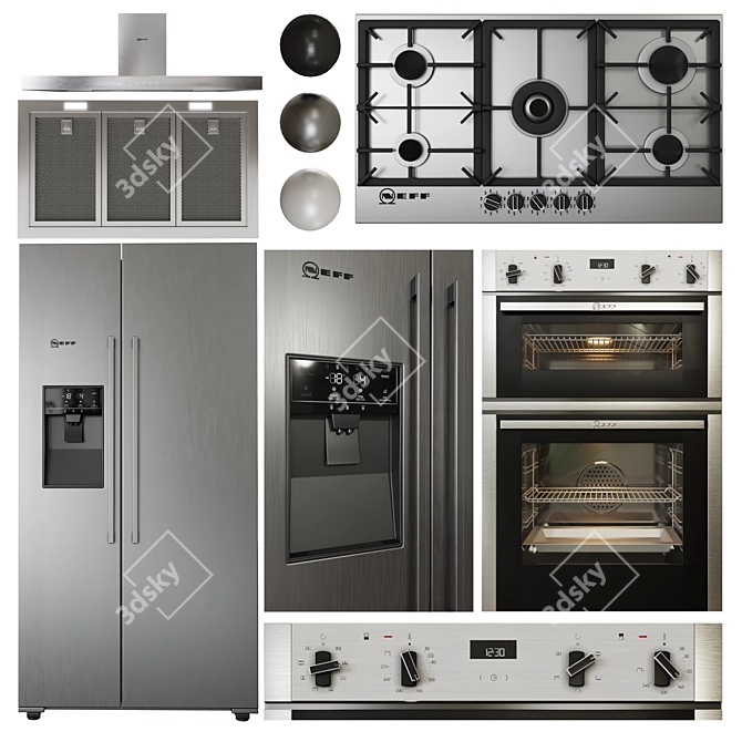 Premium NEFF Appliance Collection: Double Oven, Gas Hob, Hood, Fridge. 3D model image 2