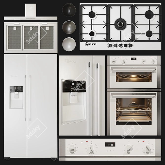 Premium NEFF Appliance Collection: Double Oven, Gas Hob, Hood, Fridge. 3D model image 3