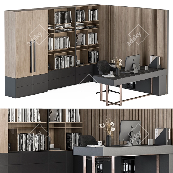 Modern Office L Type with Library 3D model image 1