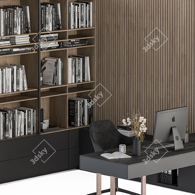 Modern Office L Type with Library 3D model image 3