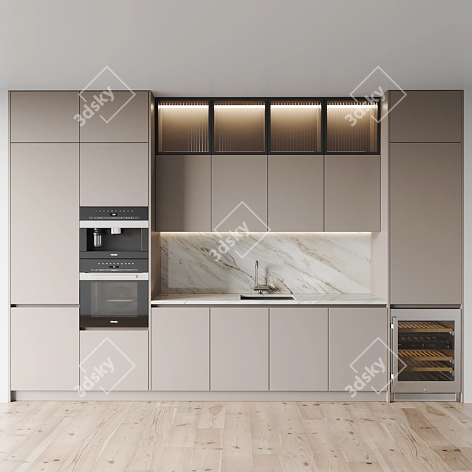 Modern Kitchen Set: Gas Hob, Oven, Coffee Machine, Wine Fridge, Sink, Hood 3D model image 3