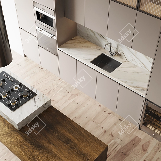 Modern Kitchen Set: Gas Hob, Oven, Coffee Machine, Wine Fridge, Sink, Hood 3D model image 5