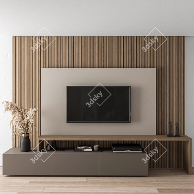 Modern Black and Wood TV Wall 3D model image 1