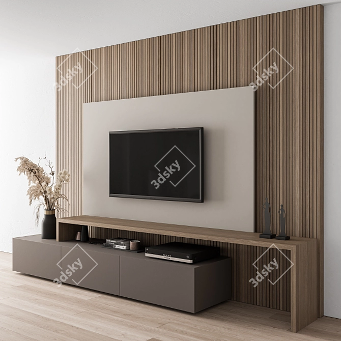 Modern Black and Wood TV Wall 3D model image 2