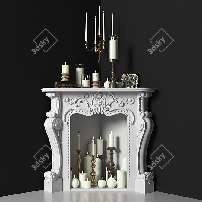 Classic Corner Fireplace Set with Candles 3D model image 2