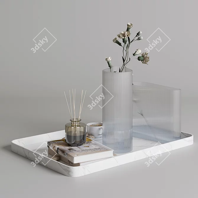 Elegant Coffee Set: Marble Tray, Vase, Bouquet 3D model image 4