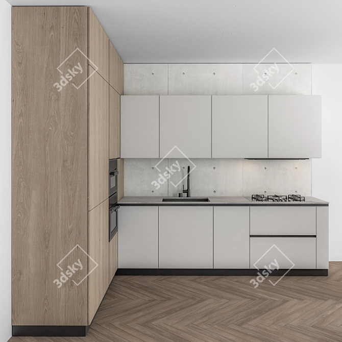 Sleek White and Wood Kitchen 3D model image 1