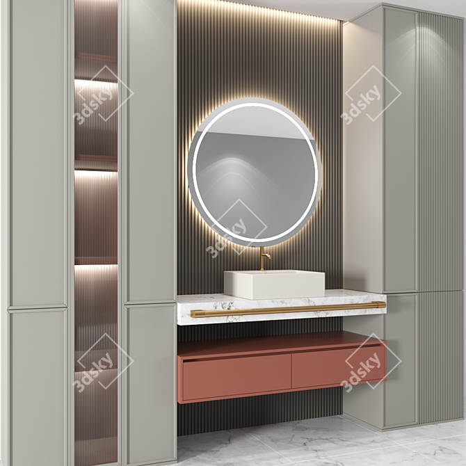 Modern Bath Set with Sink, Mirror, Wardrobe & Shelf 3D model image 2