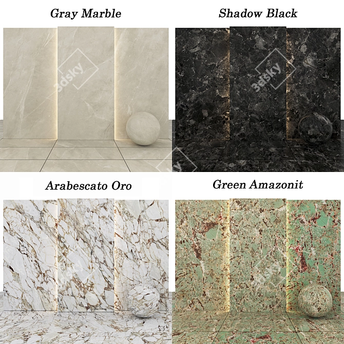 Marble Collection: Arabescato Oro, Gray, Shadow Black & Green Amazonit 3D model image 2