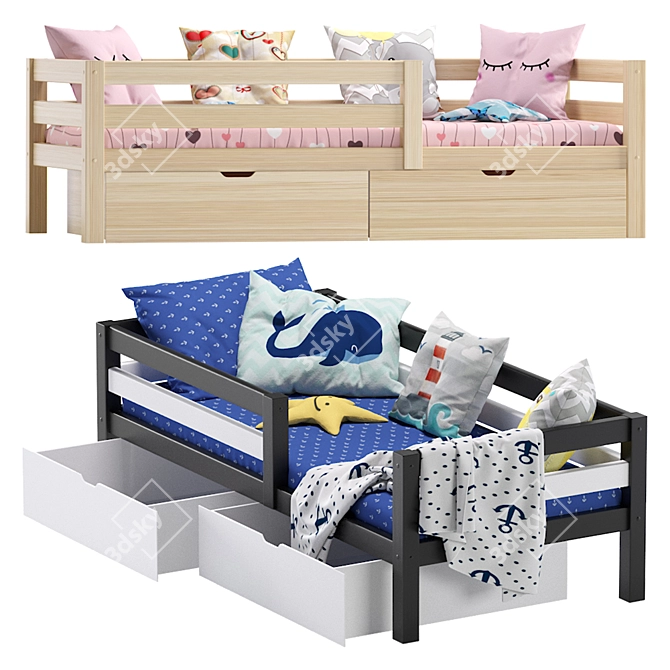 Solid Pine Children's Bed with Sideboard & Drawers 3D model image 2