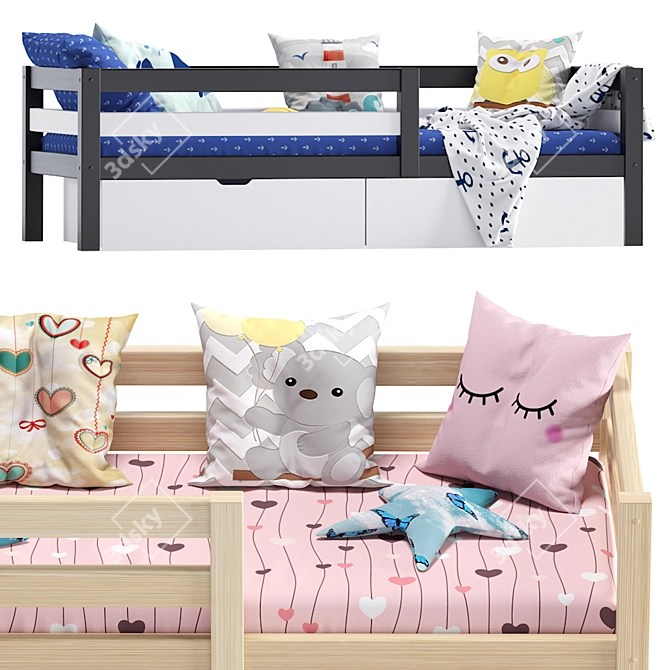 Solid Pine Children's Bed with Sideboard & Drawers 3D model image 5
