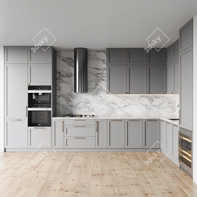 Modern Kitchen Set with Gas Hob, Oven, Coffee Machine, Wine Fridge 3D model image 1