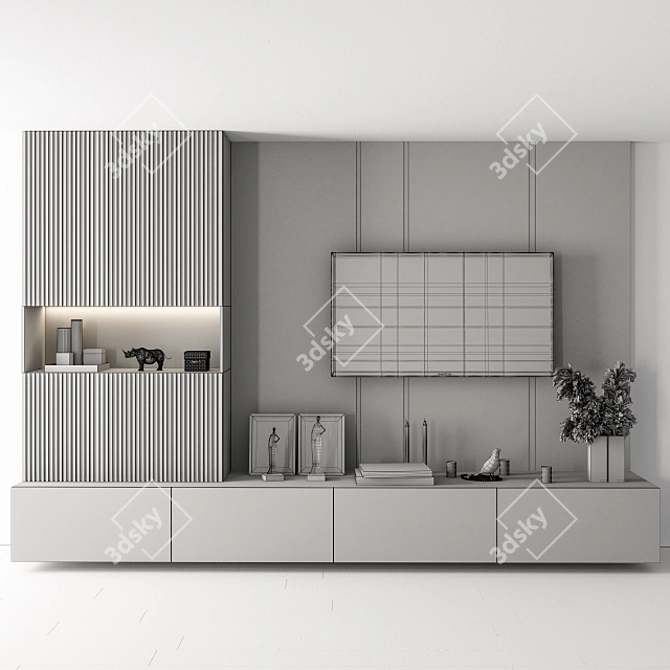 White Stone and Wood TV Wall Set 3D model image 5