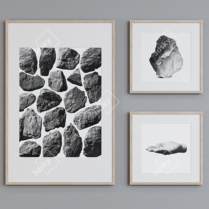 Modern Abstract Stone and Hand Brush Framed Picture Set 3D model image 3