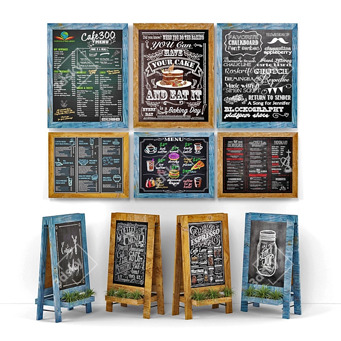 Restaurant Chalkboard Set with Plants 3D model image 1