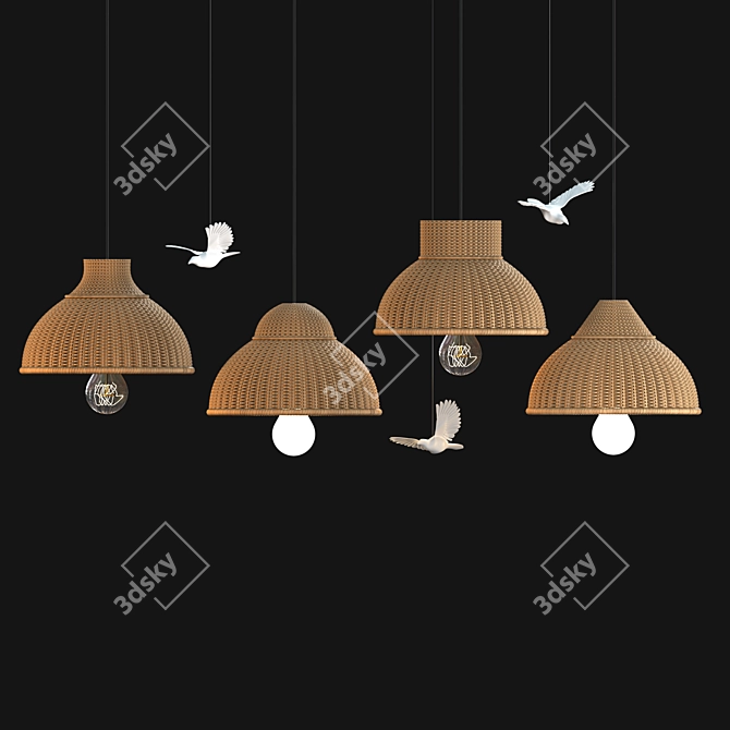 Rattan Pendant Lamp with Bird Accents 3D model image 1