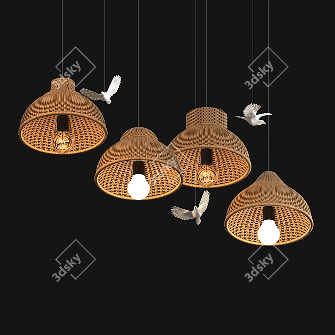 Rattan Pendant Lamp with Bird Accents 3D model image 2