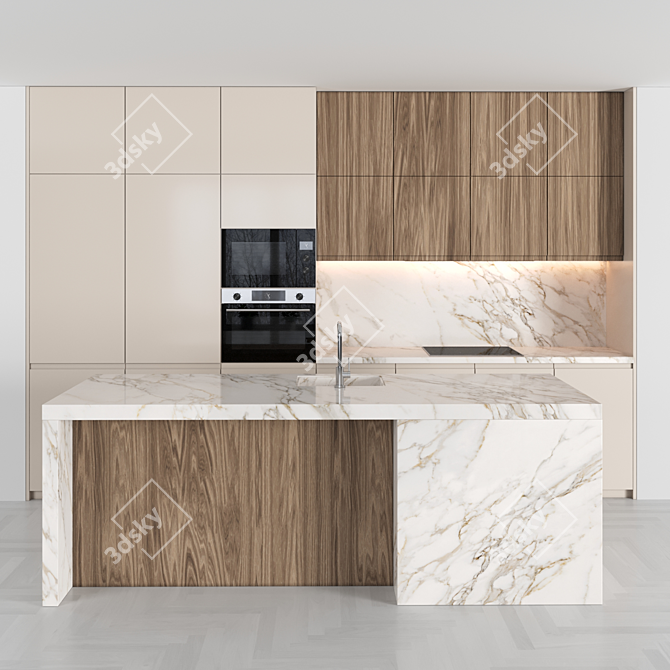 Modern Island Kitchen: High-Quality, Editable Modules 3D model image 1