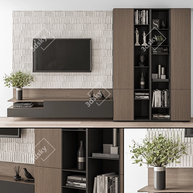 Modern Concrete and Wood TV Wall 3D model image 1