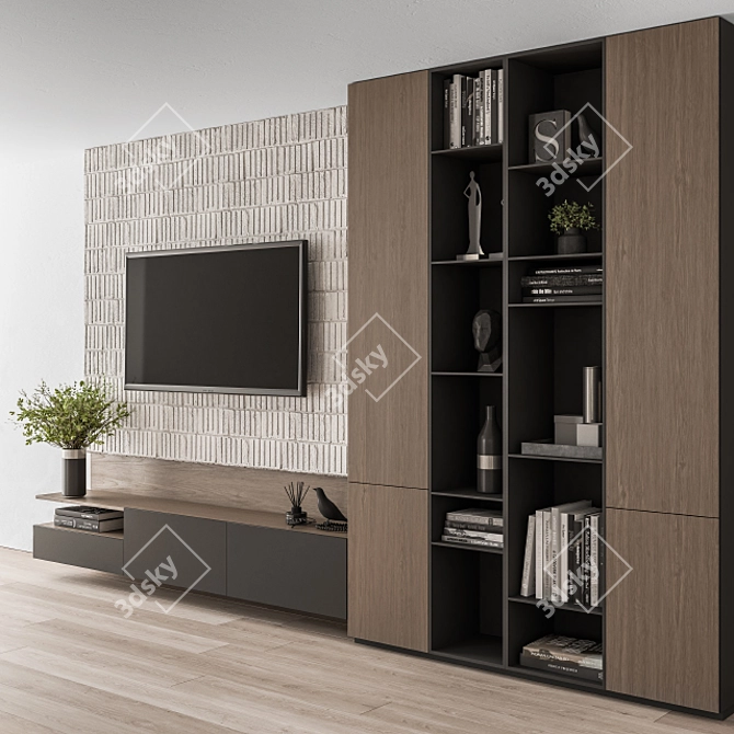 Modern Concrete and Wood TV Wall 3D model image 2
