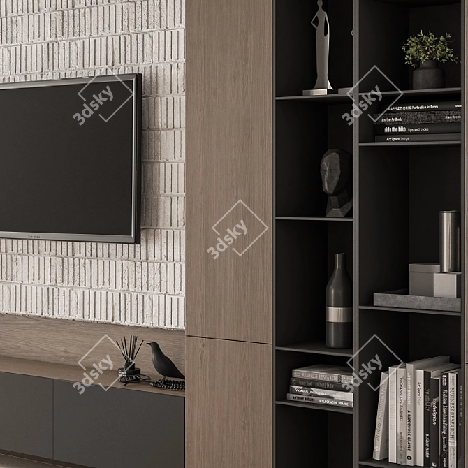 Modern Concrete and Wood TV Wall 3D model image 6