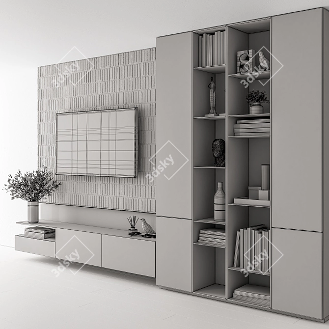 Modern Concrete and Wood TV Wall 3D model image 7