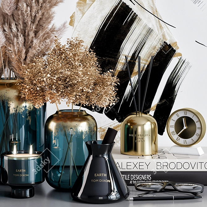 Elegant Decor Set: Pampas, Vases, Books, Candlesticks 3D model image 2