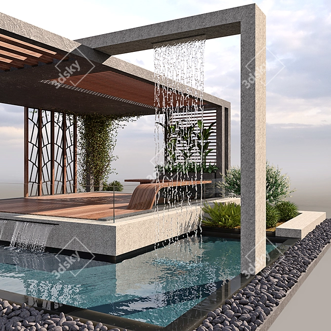 Elegant Pergola Oasis: Water & Plant Haven 3D model image 2